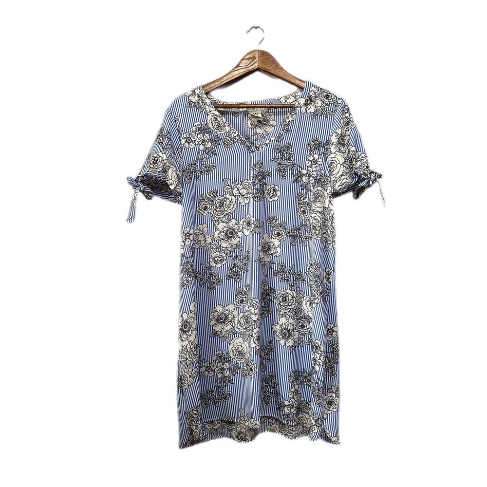 Wrapper‎ Floral Striped Dress Womens Large Blue White Shift V-Neck Short Sleeve